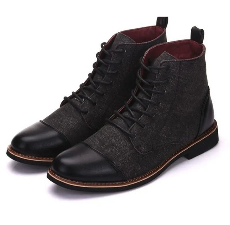 Men's leather motorcycle boots with silver belt buckle details on the side, shown with a rubber sole.
