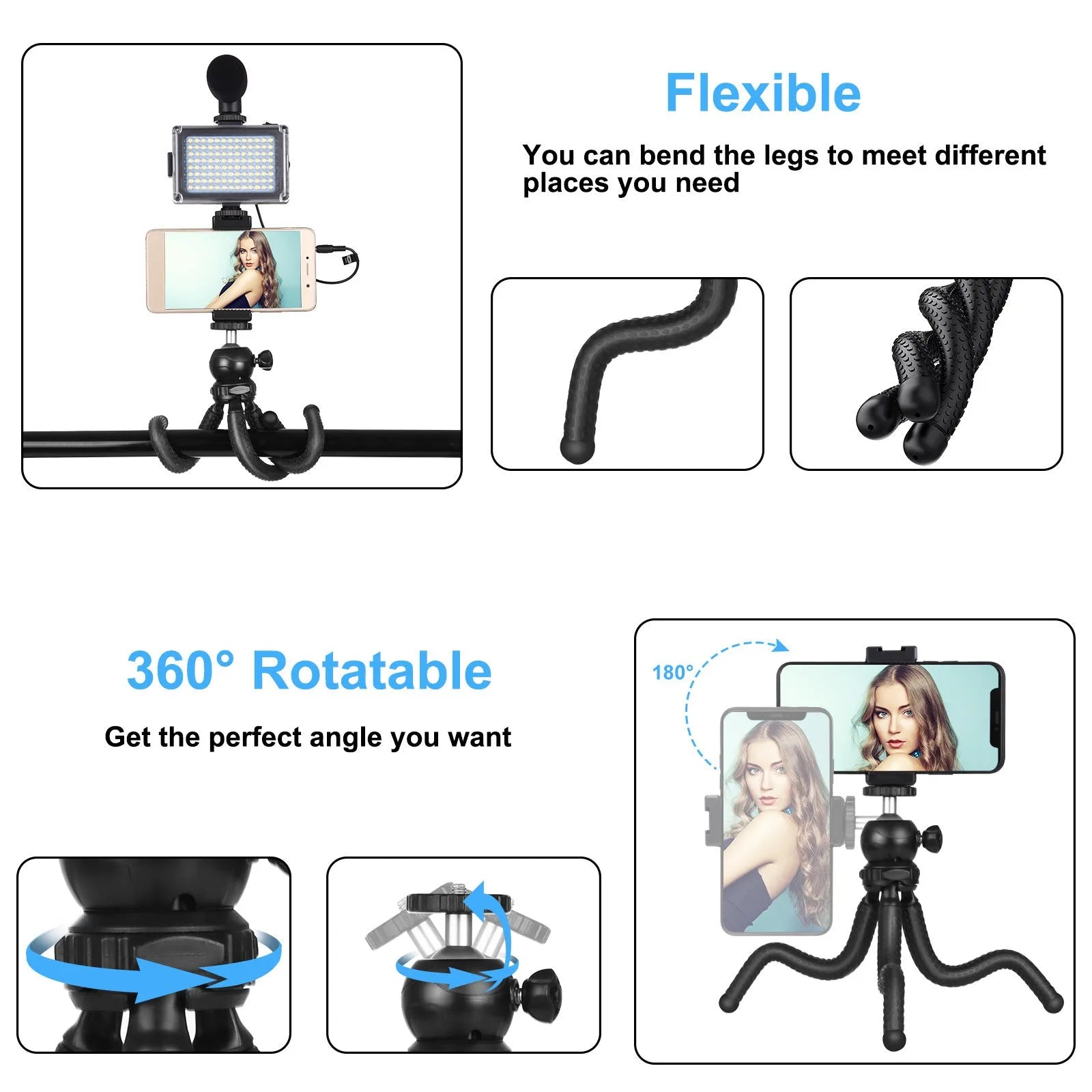 Black octopus tripod broadcast kit with flexible legs, fill light, and microphone for iPhone