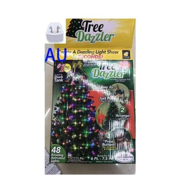 64 LED dazzler shower tree light string on a Christmas tree showing cascading lights with IP44 outdoor rating