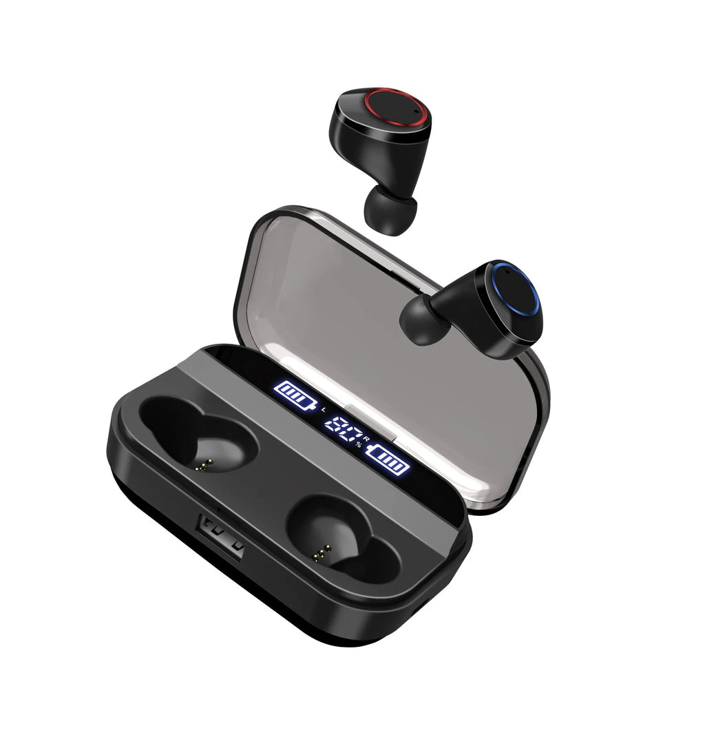 Black X11 Bluetooth wireless earbuds with charging case and six silicone ear tips