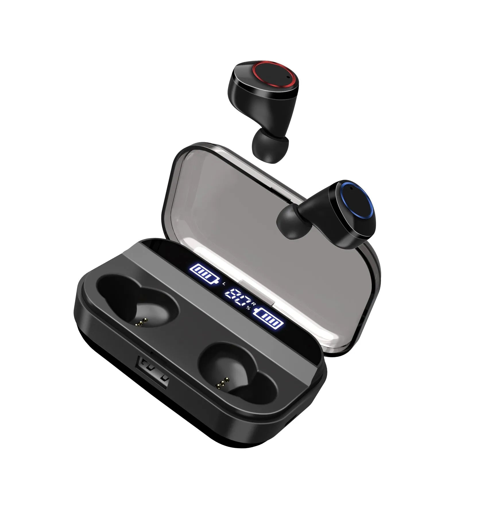Black X11 Bluetooth wireless earbuds with charging case and six silicone ear tips