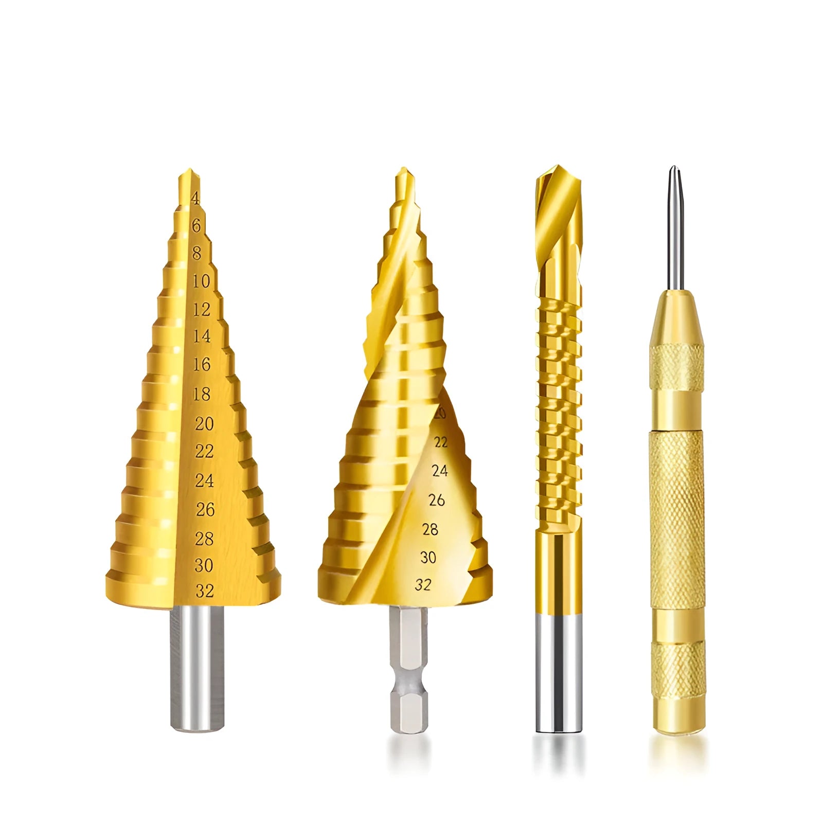High-speed steel step drill bits and centre punch set for metalworking with colour-coded organisation