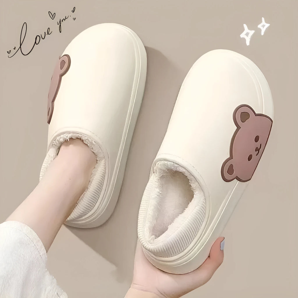 Bear fluffy slippers winter house shoes for women, unisex PVC sole, white colour
