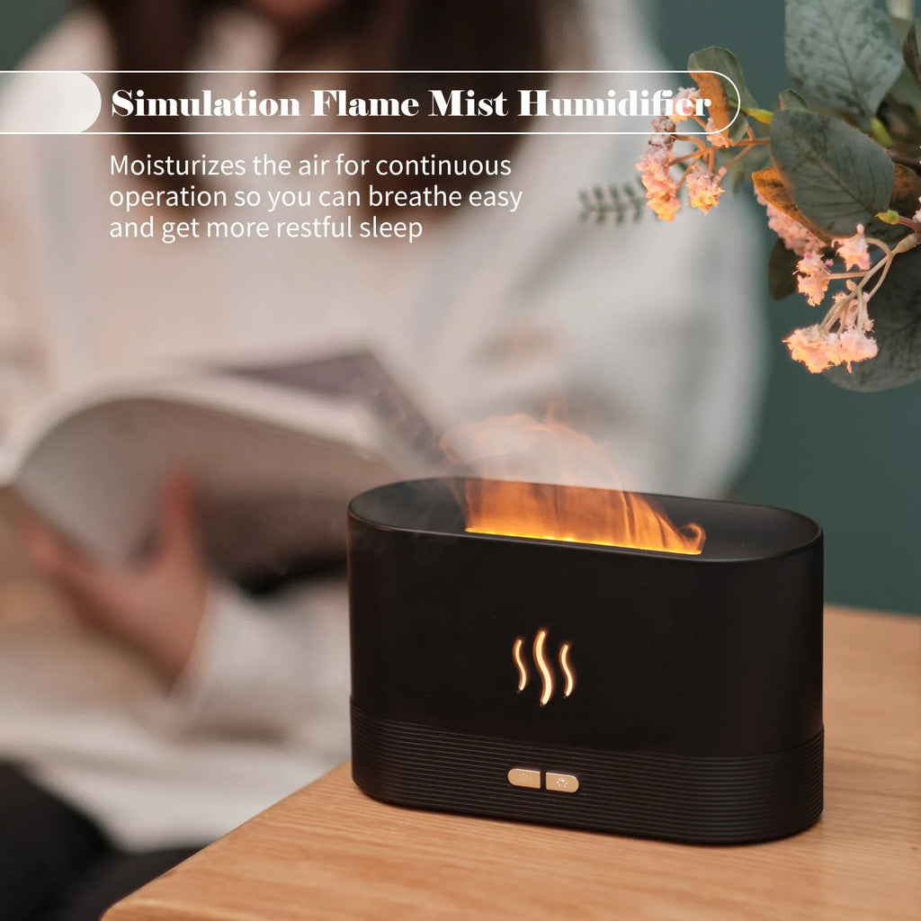 Ultrasonic aroma diffuser with flame light effect, 180ml capacity, USB powered, black color, on a desk