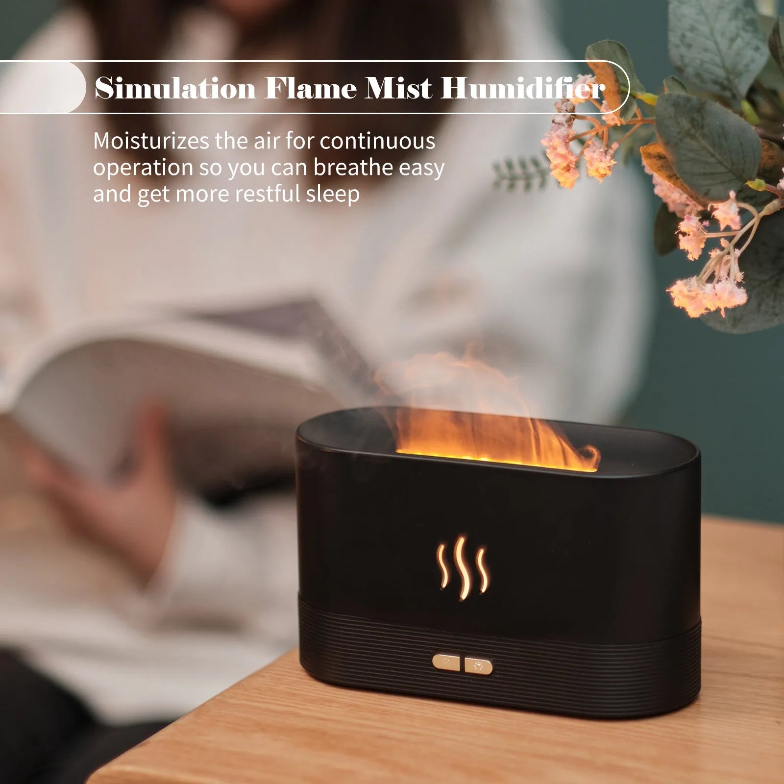 Ultrasonic aroma diffuser with flame light effect, 180ml capacity, USB powered, black color, on a desk