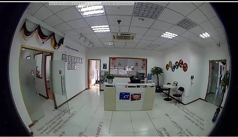 Indoor fisheye network camera with 1.3MP resolution and 1.7mm wide-angle lens in black plastic housing