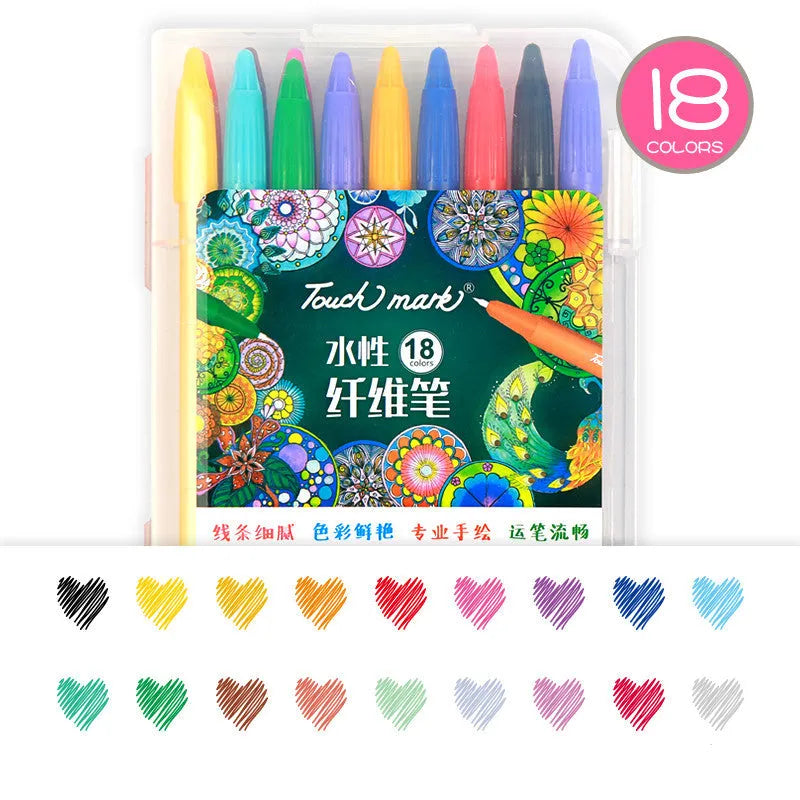 Set of Touch Mark water-based quick-dry fibre tip pens in multiple colours on a table.