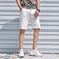 Men's Korean-style straight loose fit cotton denim shorts in black, five-point length, mid-waist, washed finish