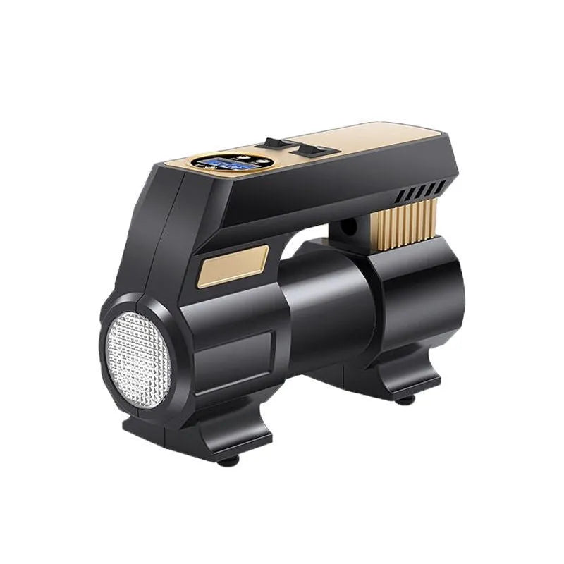 120W 12V car air pump with digital display, 60cm tube, and 300cm power cord on a dark background