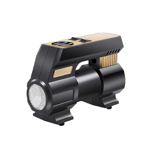 120W 12V car air pump with digital display, 60cm tube, and 300cm power cord on a dark background