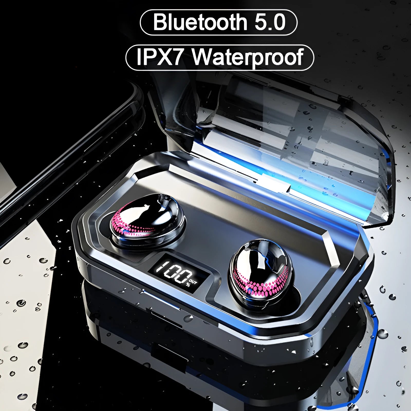 Black X10 Bluetooth headset and charging case on a white background.