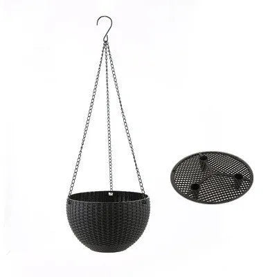 Plastic hanging basket planter with chain in one of seven colours: black, blue, bronze, green, grey, red, or white.