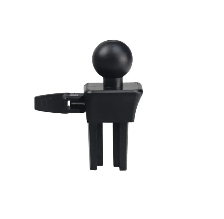 Black universal car air vent mobile phone holder mounted on a car vent, holding a smartphone.