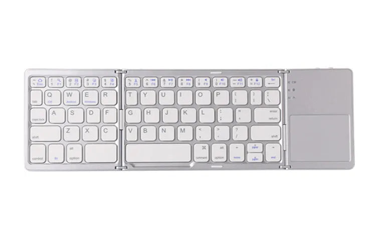 Black tri-fold Bluetooth keyboard unfolded showing keyboard keys and touchpad