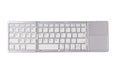 Black tri-fold Bluetooth keyboard unfolded showing keyboard keys and touchpad