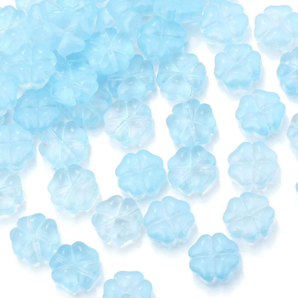 50 glass four-leaf clover beads in assorted colours with coloured glaze finish and 10mm straight hole design.
