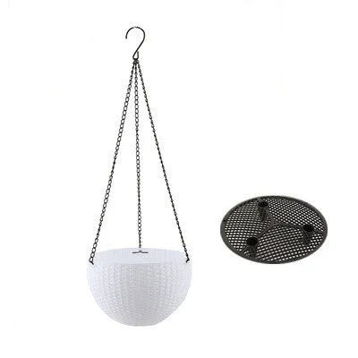 Plastic hanging basket planter with chain in one of seven colours: black, blue, bronze, green, grey, red, or white.