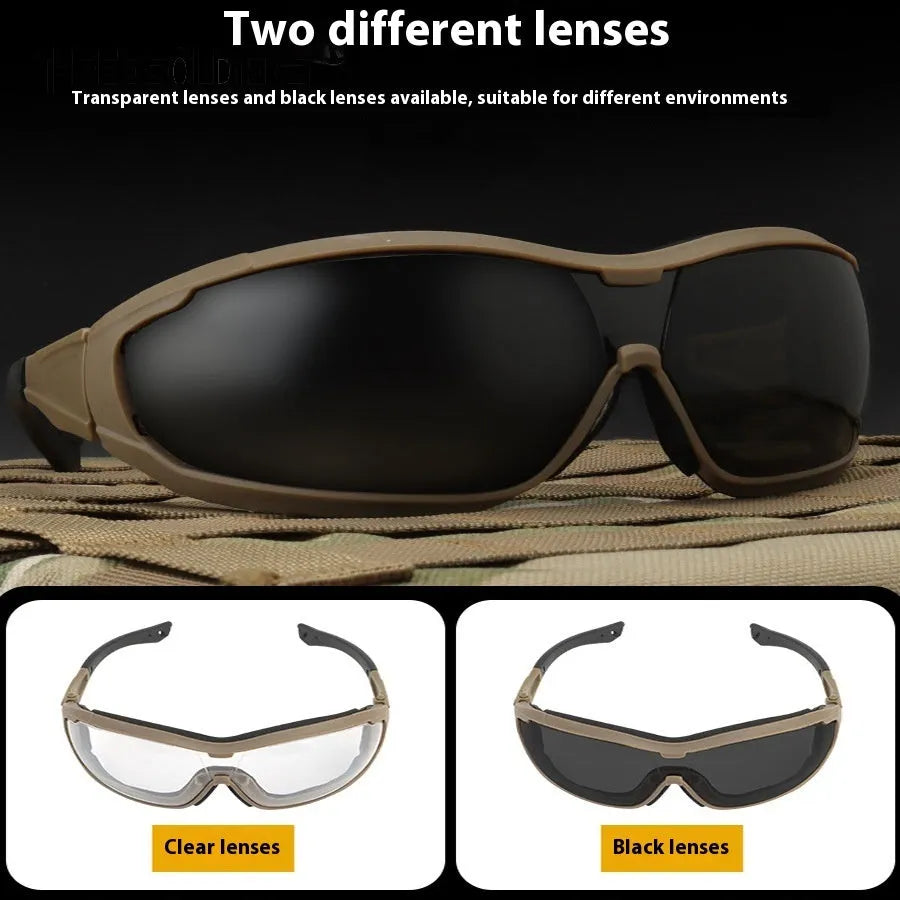 Outdoor fishing sand-proof goggles with plastic full rim frame, transparent lens, sports style, available in black mud army colour