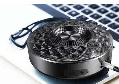 Compact mini Bluetooth wireless speaker shown in black, orange, and silvery white colour options.