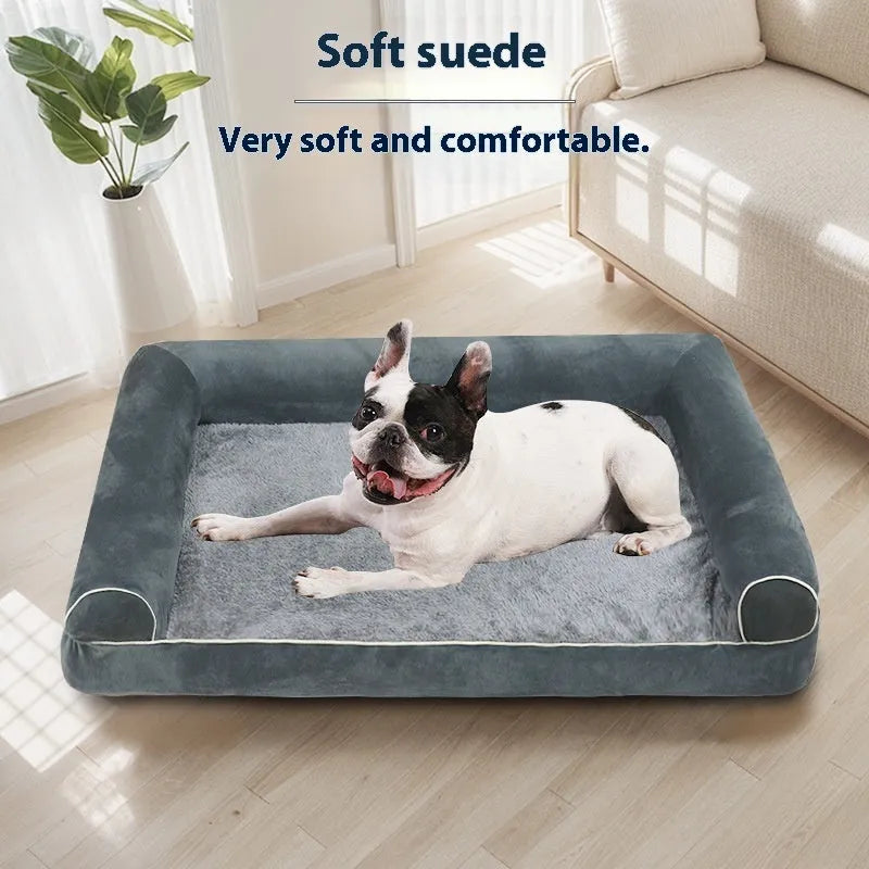 Square sponge cooling dog bed for dogs in a neutral colour on a floor.