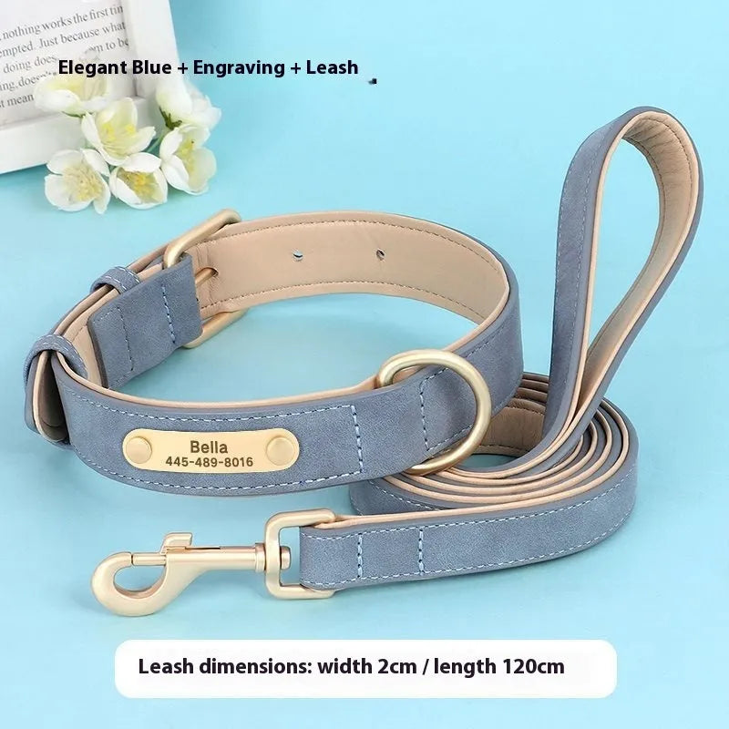 Rose red double-layer leather dog collar with mohair lining and matching leash laid flat.