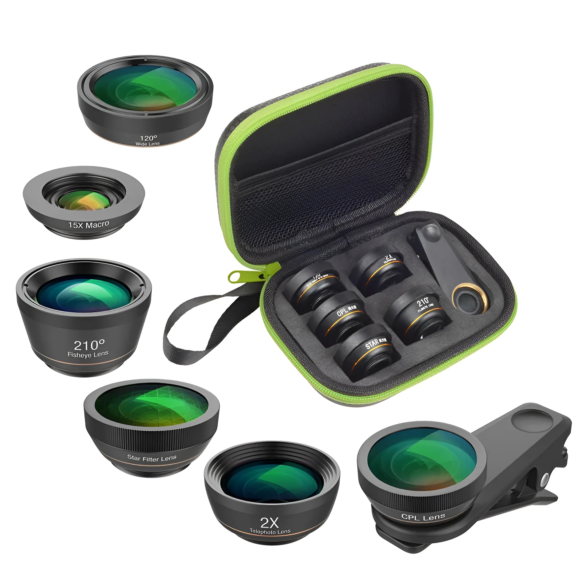6 in 1 mobile phone lens kit showing fisheye, wide angle, macro, telephoto, CPL and star filter lenses with universal clip