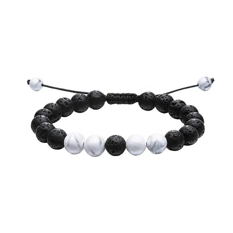 Tiger Eye agate couple bracelets with geometric beads in matte black finish