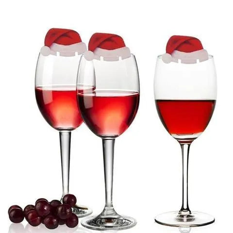 Set of 10 red Santa hat covers for wine glasses, non-woven fabric, 6x3.6 cm