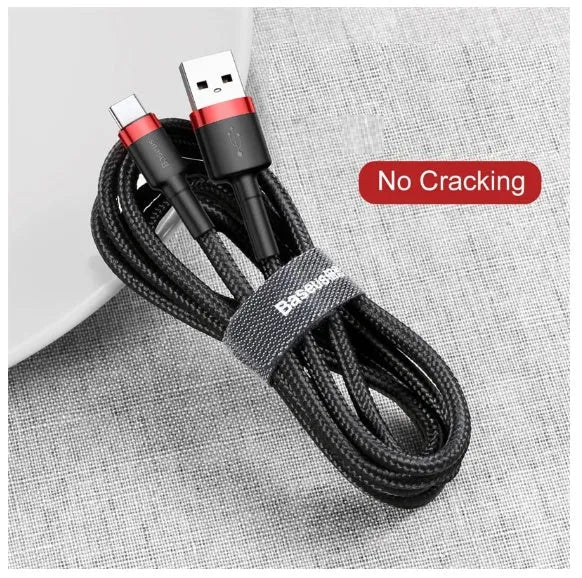Close-up of a woven grey and black Android micro USB charging and data cable with a choice of lengths.