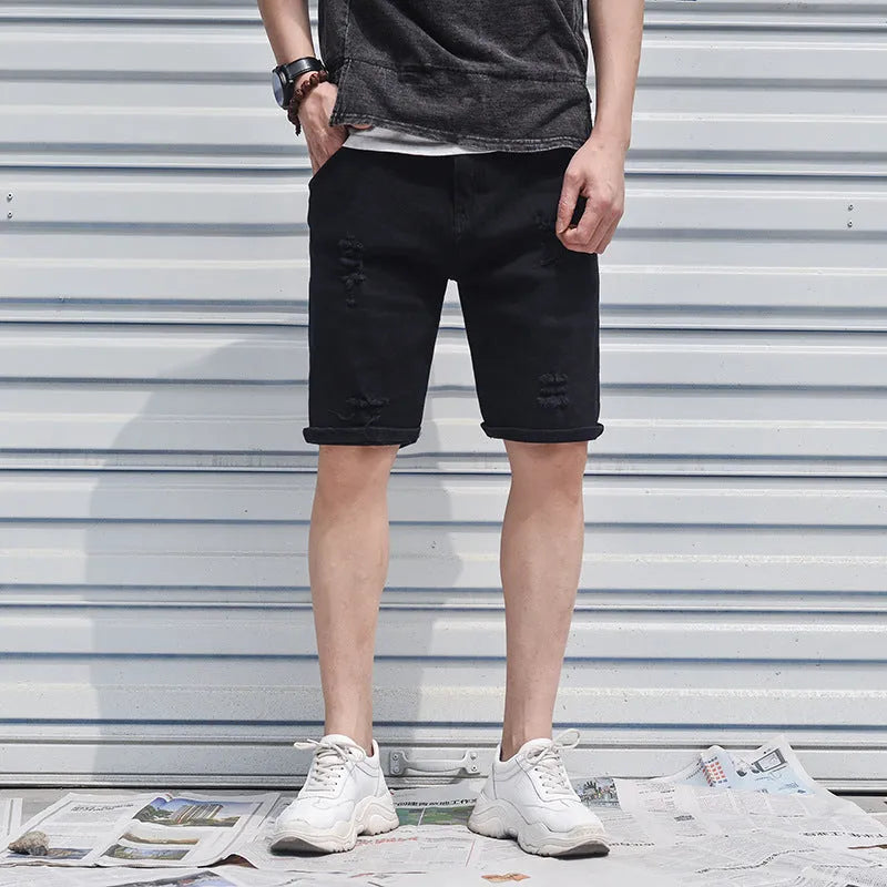 Men's Korean-style straight loose fit cotton denim shorts in black, five-point length, mid-waist, washed finish
