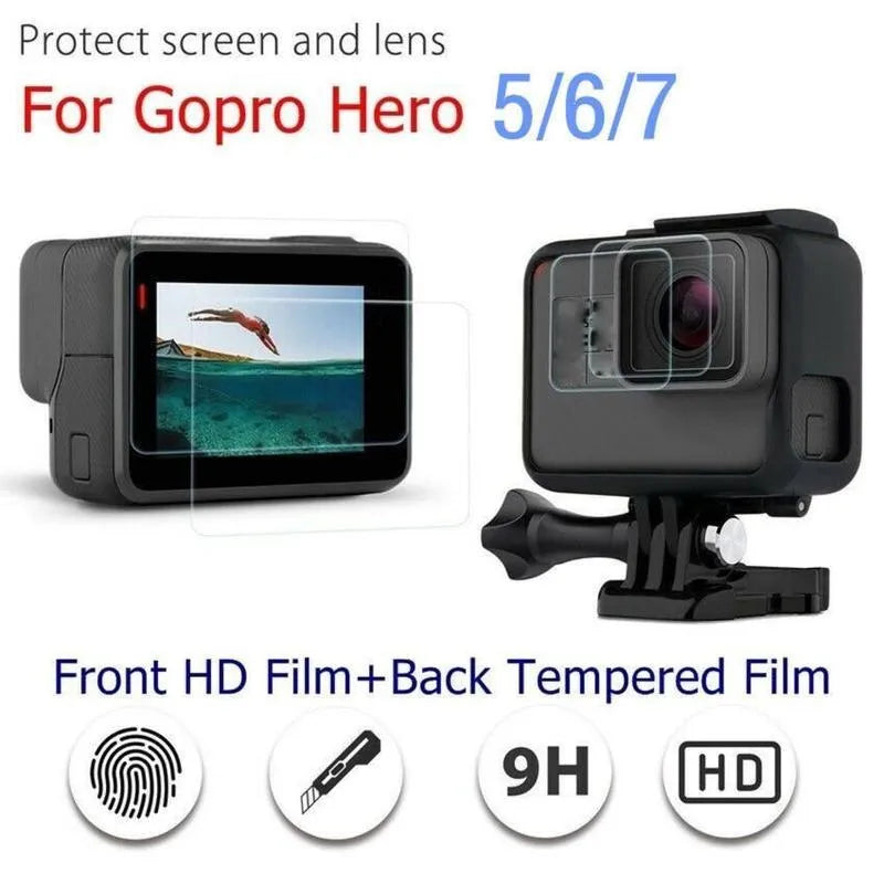 Transparent 9H tempered glass screen and lens protector film for GoPro Hero 5, 6, 7 cameras
