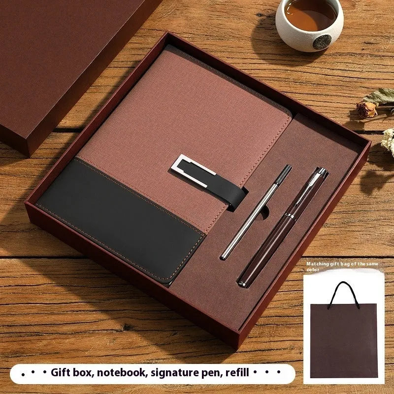 A5 soft PU leather notebook in brown, open on thick wood-free paper.
