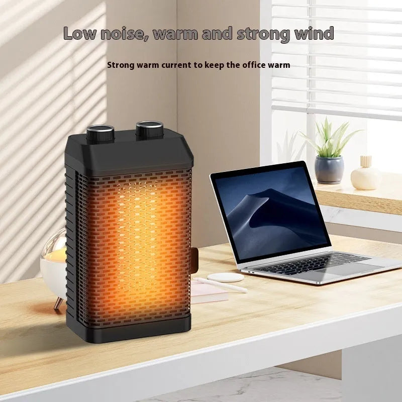 Black remote control desktop heater showing compact size and front control knob.