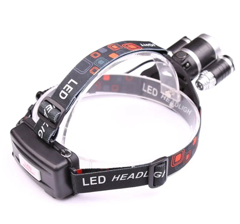 Gold or silver aluminium LED head torch with adjustable focus and tiltable head on a strap
