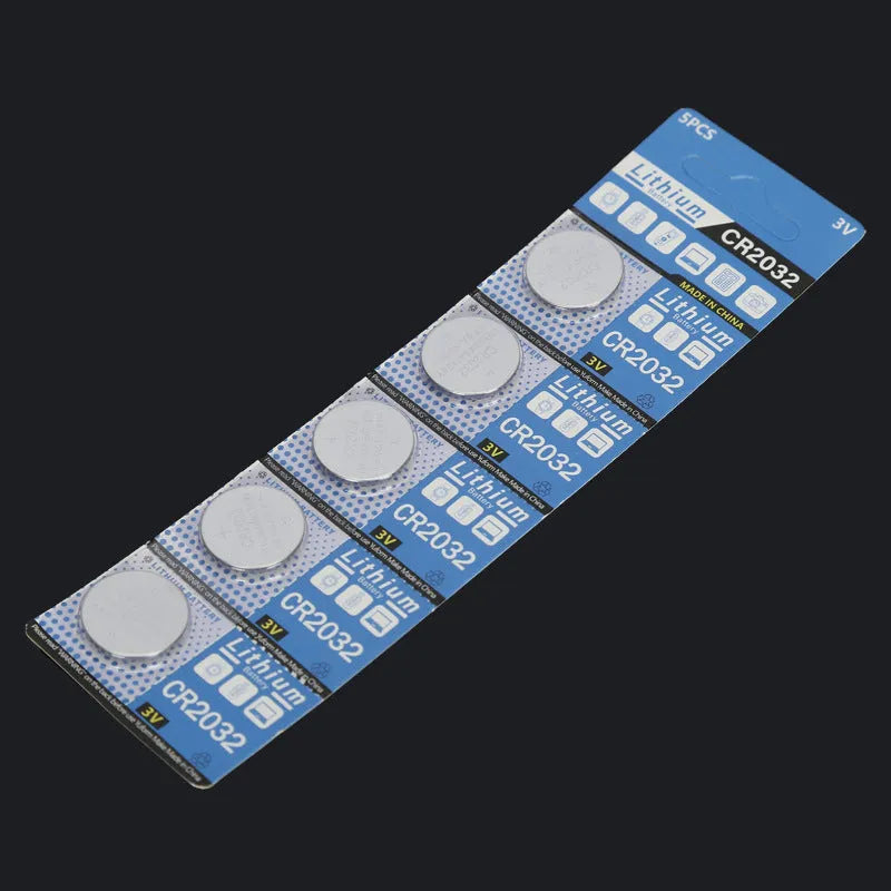 Pack of five CR2032 3V lithium button batteries on a blister card.
