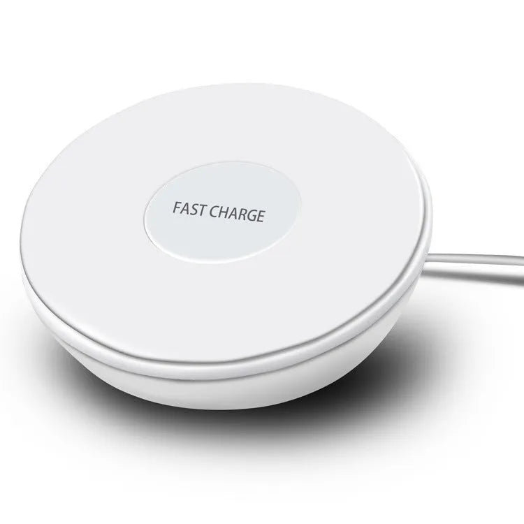 White wireless phone charger with digital clock display and three control buttons on the front.