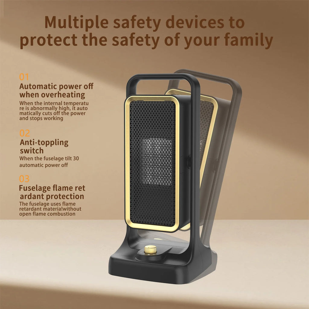 Black PTC ceramic desktop air heater with control knob and compact 14.9x11.1x33.5cm dimensions