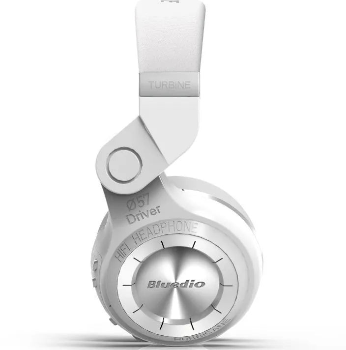 Blue String T2 black and white over-ear Bluetooth headphones showing rotating fold mechanism and 1.5m cable