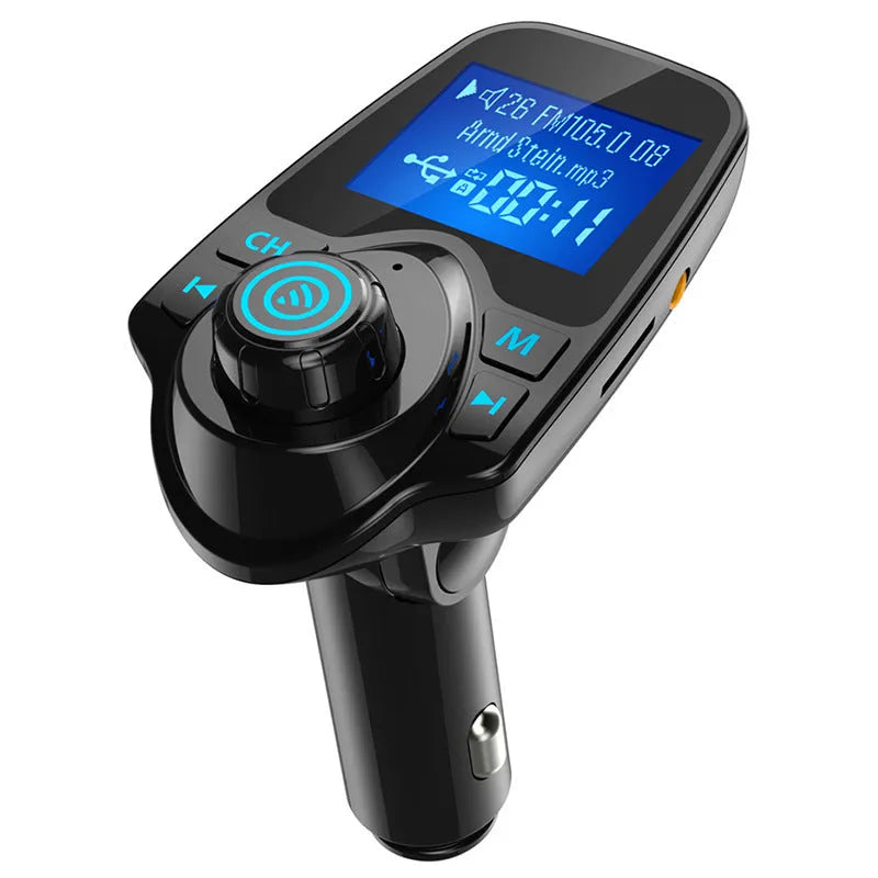 Black G7 car Bluetooth FM transmitter and hands-free kit with USB port and TF card slot.