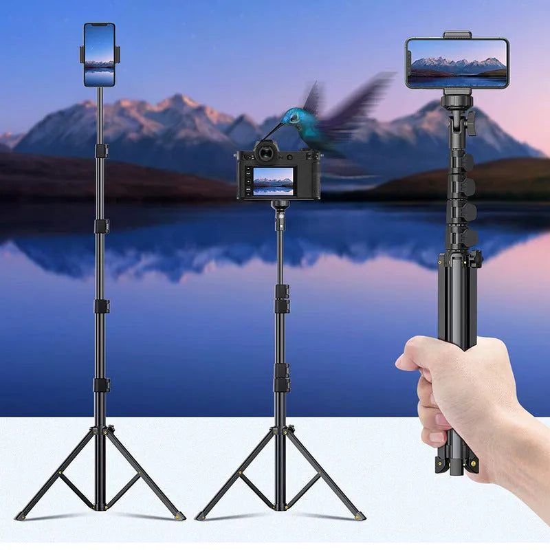 Black aluminium selfie stick tripod extended to different heights with iPhone mounted