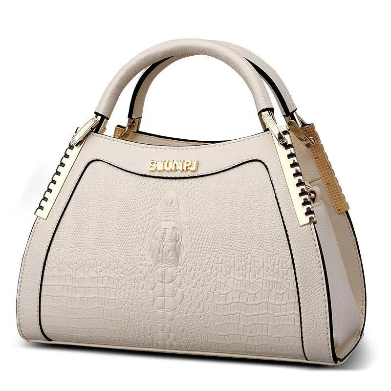 Fashion handbag with embossed crocodile pattern, zipper closure, trapezoid shape, PU material, available in five colours
