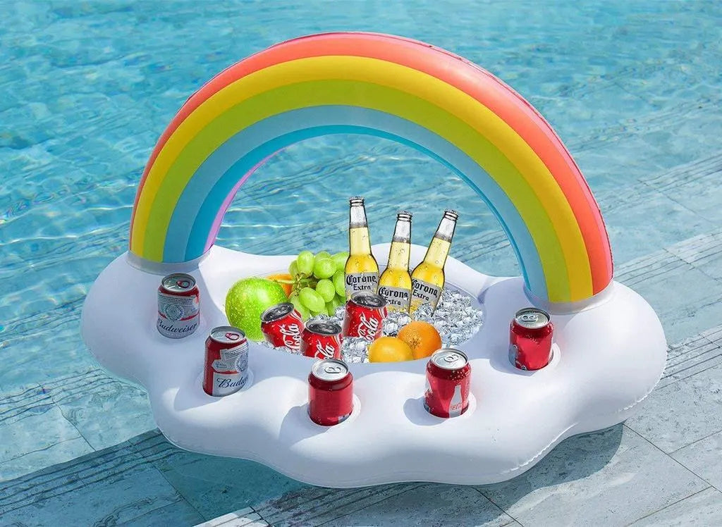 Rainbow cloud shaped inflatable pool float cooler with four cup holders floating on water