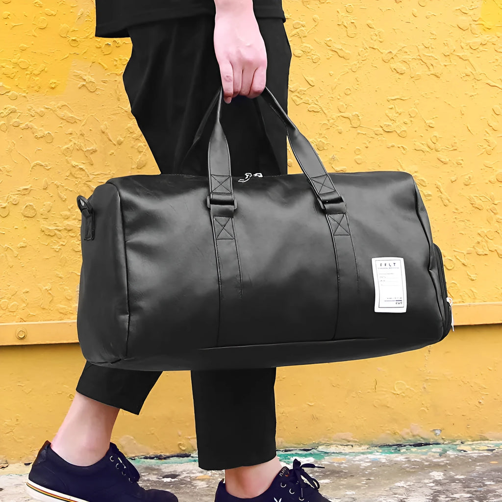 Black waterproof sports bag with separate side shoe compartments shown in large and small sizes.