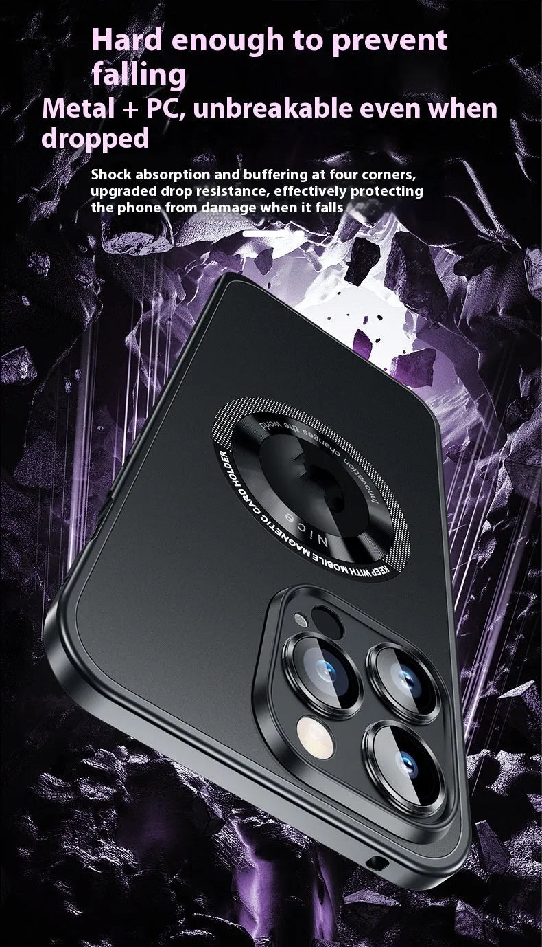 Metal phone case with spring fastener and frosted finish in black for iPhone 14