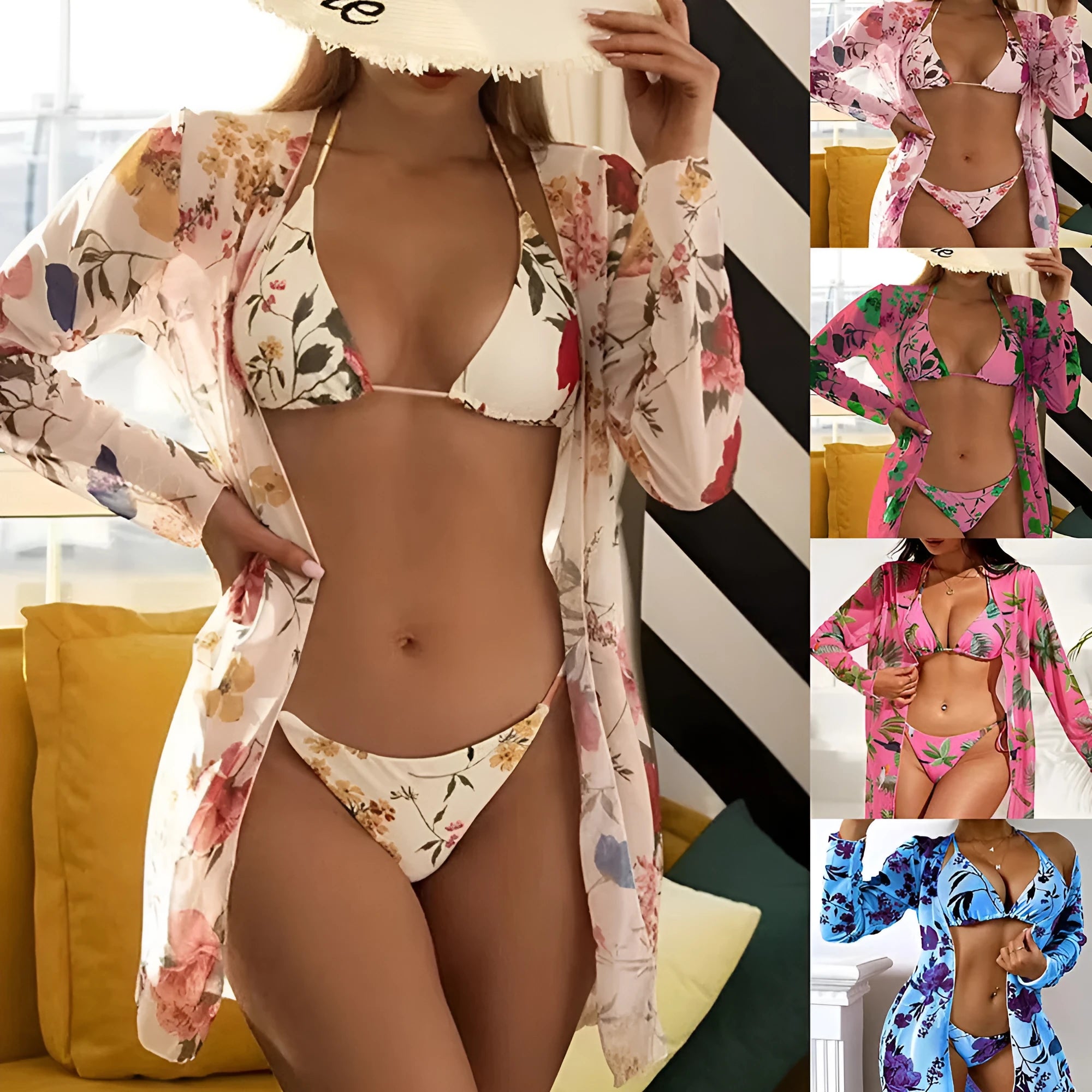 Women's three-piece floral mesh swimsuit set with bra, swim trunks, and cover-up blouse