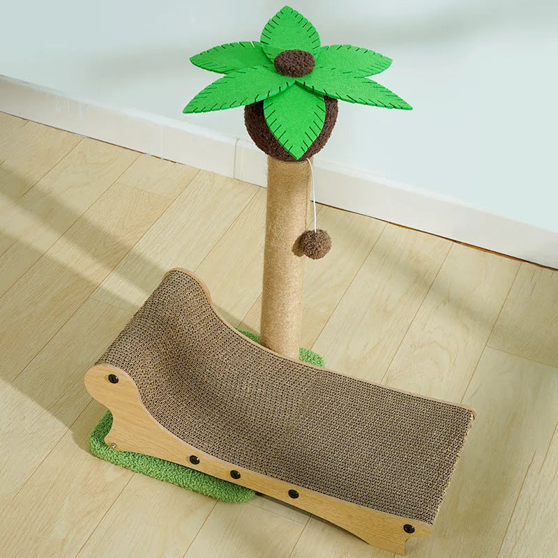 Wooden beach chair cat nest with integrated scratch board and climbing frame.