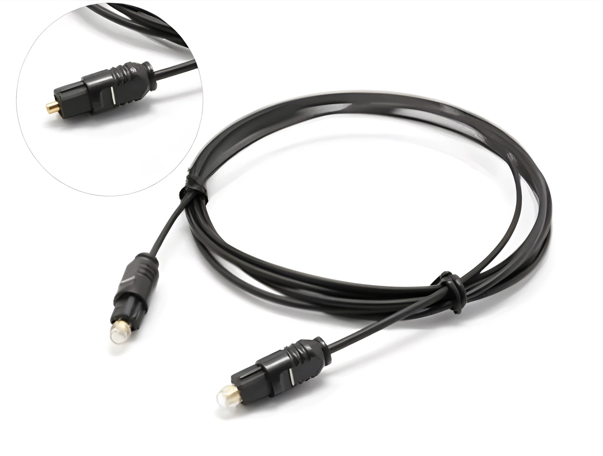 OD2.2 digital audio fibre optic cable with slim black PVC jacket on a white background.