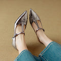 Genuine leather Mary Jane chunky heel pumps in gunmetal colour with pointed toe and 3-5cm mid-height