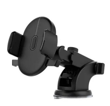 Yellow and black telescopic car phone holder with suction cup mounted on dashboard showing 360-degree rotation