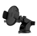 Yellow and black telescopic car phone holder with suction cup mounted on dashboard showing 360-degree rotation